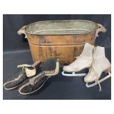 Vintage Ice Skates and Metal Wash Tub Lot