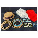 Collection of Embroidery Hoops, Frames, Scarves, and Brooks Brothers Hat