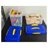 Lot of Assorted Wooden Blocks and Train Tracks in Storage Bins