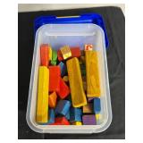 Lot of Assorted Wooden Blocks and Train Tracks in Storage Bins