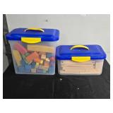 Lot of Assorted Wooden Blocks and Train Tracks in Storage Bins