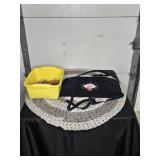 Lot of Round Crochet Rug, Apron, and Clothespins