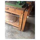 Big wood working bench  with vises and wood homemade turning lathe   nice setup