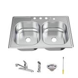 New Glacier Bay 33 in. Drop-In 50/50 Double Bowl 20 Gauge Stainless Steel Kitchen Sink with Faucet