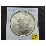 1922 Peace Silver Dollar Marked MS64 When Purchased