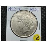 1922-D Peace Silver Dollar Marked MS64 When Purchased