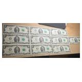 Ten Sequential Two Dollar Bills