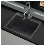 GLACIER BAY Stonehaven 25 in. Drop-In Single Bowl Black Onyx Granite Composite Kitchen Sink with Black Strainer