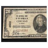 1929 Brown Seal $20 Dollar National Currency Bank of Chicago