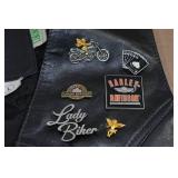 Ladies Black Leather Vest with Vintage Pins -Large