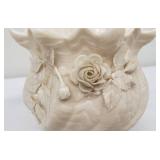 Belleek Irish Porcelain Small Cache with Applied Roses and Leaves and a Scalloped Rim