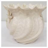 Belleek Irish Porcelain Small Cache with Applied Roses and Leaves and a Scalloped Rim