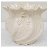 Belleek Irish Porcelain Small Cache with Applied Roses and Leaves and a Scalloped Rim