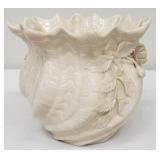 Belleek Irish Porcelain Small Cache with Applied Roses and Leaves and a Scalloped Rim