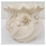 Belleek Irish Porcelain Small Cache with Applied Roses and Leaves and a Scalloped Rim
