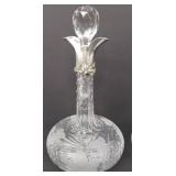Pair of Vintage Silver Neck Wine Cut & Etched Grape Motif Crystal Decanters