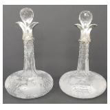 Pair of Vintage Silver Neck Wine Cut & Etched Grape Motif Crystal Decanters
