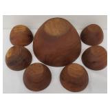 Large Wooden Serving Bowl with Six Salad Bowls