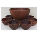 Large Wooden Serving Bowl with Six Salad Bowls