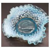 Fenton Blue Opalescent Hobnail Scalloped Edge Candy Dish