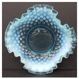 Fenton Blue Opalescent Hobnail Scalloped Edge Candy Dish