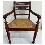 Stunning Brown Wooden Antique Armchair Craved Back Cane Seat, Lots of Character!