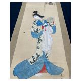 Pretty Vintage Japanese Hanging Scroll - Woman with a Butterfly