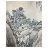 Silk Screen - Mountains with Stream and two men.