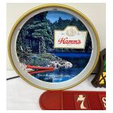 Vintage Bar Items including a Vintage Round Hamm’s Beer Tray and Miller High Life Light Up Sign