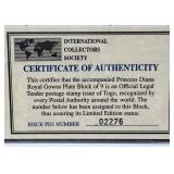 Togo - Princess Diana 180F Collector Stamps - Certificate of Authenticity Included