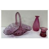 Vintage Baroness Dusty Rose Fenton Basket and Two Art Glass Style Vases, One with Rigaree