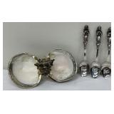 Sea Shell Pearl Silver Rimmed Dish with Three Reed & Barton Christmas 1981 Angel Spoons