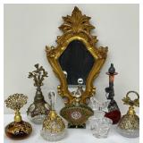 Amazing Collection of Vintage Perfume Bottles and a Vintage Unique Gold Framed Mirror