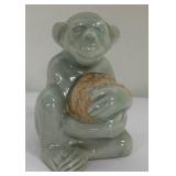 Cute Small Thai Celadon Green Glazed Ceramic Sitting Chimp Figurine