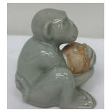 Cute Small Thai Celadon Green Glazed Ceramic Sitting Chimp Figurine
