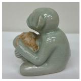 Cute Small Thai Celadon Green Glazed Ceramic Sitting Chimp Figurine