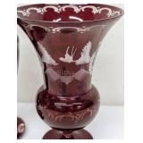 Pair of Petite Vintage Bohemian Ruby Cut to Clear Glass Vases