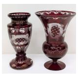 Pair of Petite Vintage Bohemian Ruby Cut to Clear Glass Vases