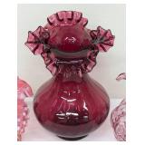 Vintage Fenton Cranberry Opalescent Hobnail Rosebud Vase, Fenton Cranberry Ribbed Ruffled Vase and Fenton Ruffled Top Beaded Optic Melon Vase