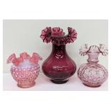 Vintage Fenton Cranberry Opalescent Hobnail Rosebud Vase, Fenton Cranberry Ribbed Ruffled Vase and Fenton Ruffled Top Beaded Optic Melon Vase