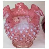 Vintage Fenton Cranberry Opalescent Hobnail Rosebud Vase, Fenton Cranberry Ribbed Ruffled Vase and Fenton Ruffled Top Beaded Optic Melon Vase