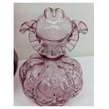 Vintage Fenton Cranberry Opalescent Hobnail Rosebud Vase, Fenton Cranberry Ribbed Ruffled Vase and Fenton Ruffled Top Beaded Optic Melon Vase