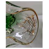 Pretty Painted Vintage Green Glass Pitcher and Vintage Clover Murano Style Glass Dish