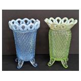 Pair of Small Vintage Fenton Diamond Point Opalescent Footed Glass Vases