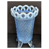 Pair of Small Vintage Fenton Diamond Point Opalescent Footed Glass Vases