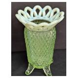 Pair of Small Vintage Fenton Diamond Point Opalescent Footed Glass Vases