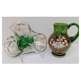 Pretty Painted Vintage Green Glass Pitcher and Vintage Clover Murano Style Glass Dish