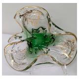 Pretty Painted Vintage Green Glass Pitcher and Vintage Clover Murano Style Glass Dish