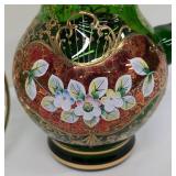 Pretty Painted Vintage Green Glass Pitcher and Vintage Clover Murano Style Glass Dish