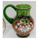 Pretty Painted Vintage Green Glass Pitcher and Vintage Clover Murano Style Glass Dish